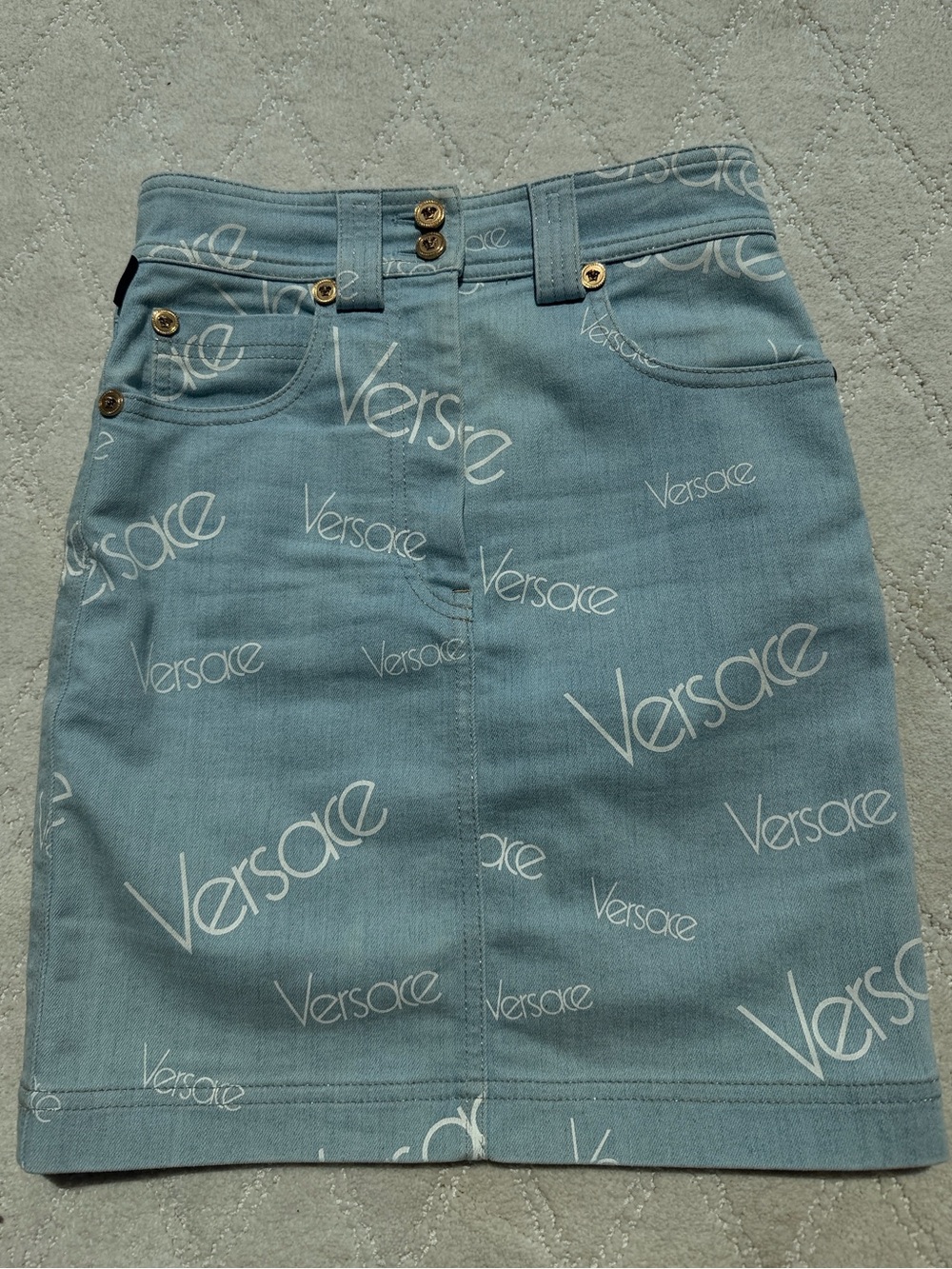 Versace Light Blue Logo Print Mini Skirt
